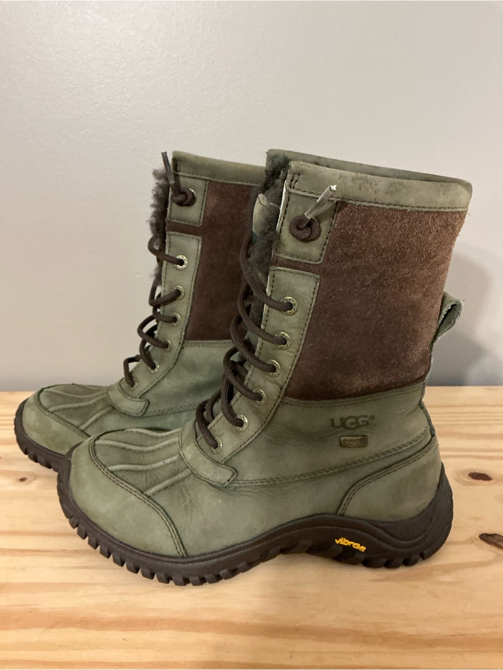 UGG Olive Green Waterproof Leather and Suede Shearling Lined Winter Boots